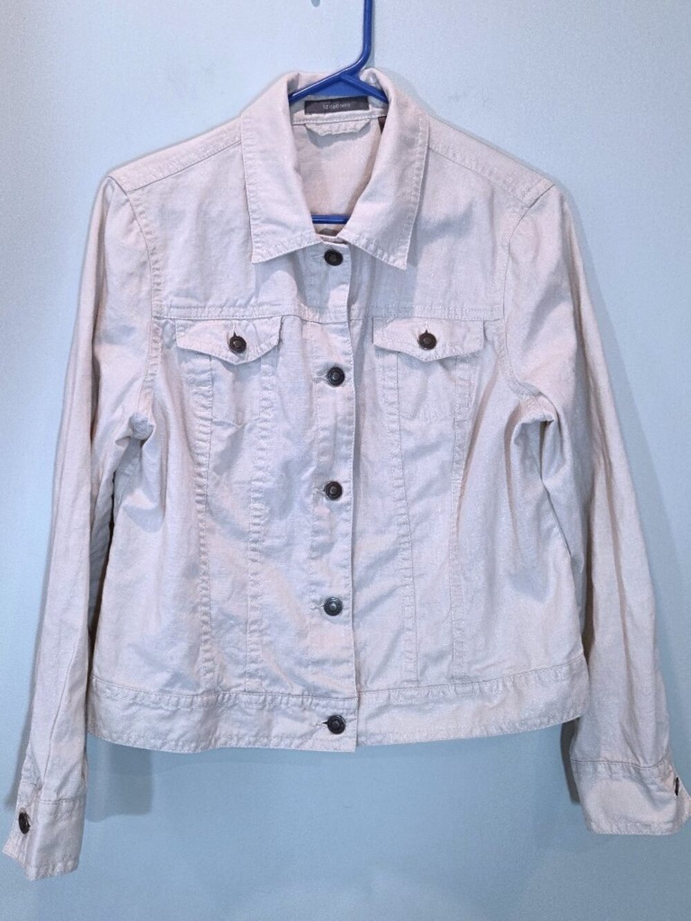 Liz Claiborne Linen Blend Light Tan & Silver Metallic Jean Jacket Size LP